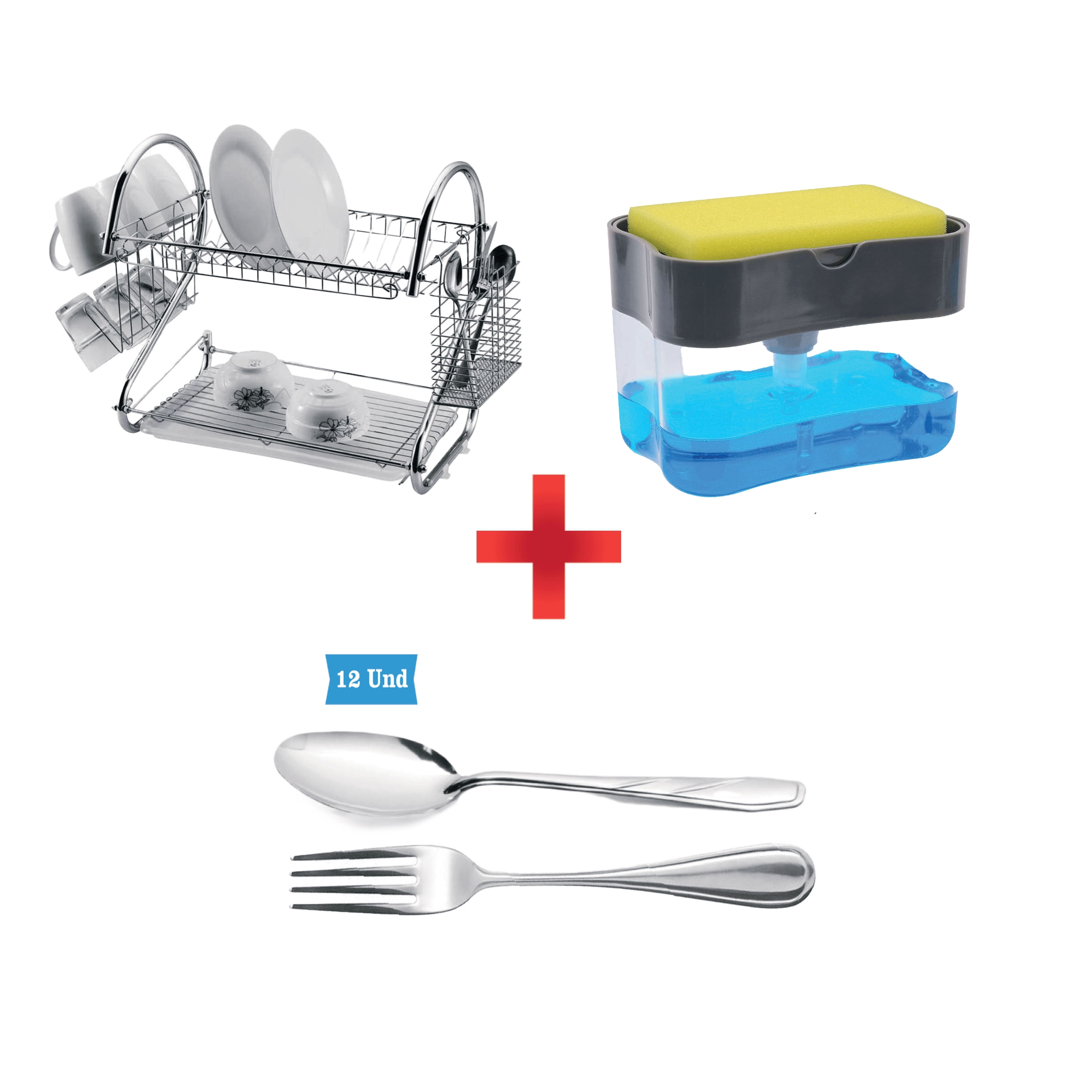 Dispensador Lavavajillas + Tenedor (12 u) + Cuchara (12 u) + Escurridor de Platos