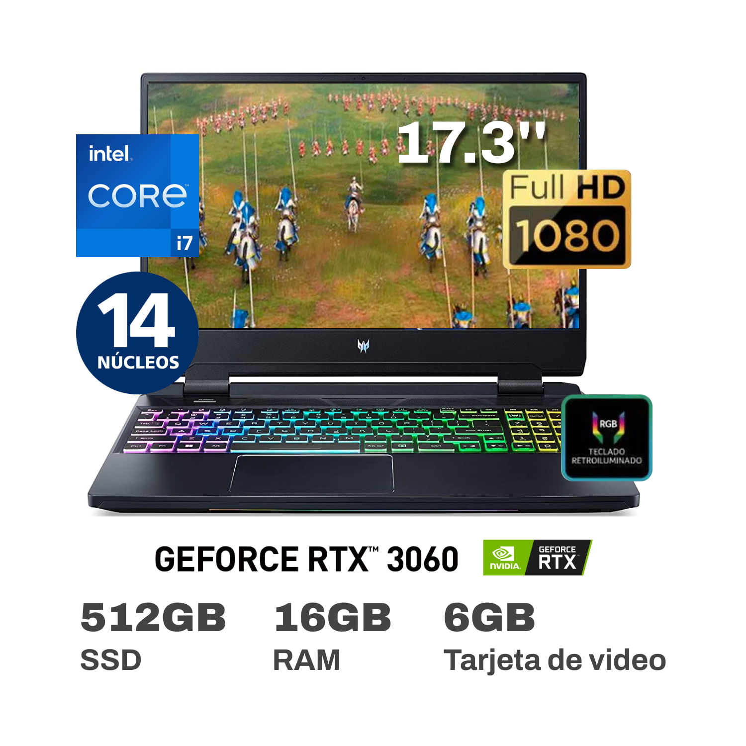 Laptop Gamer Acer Predator PH317-56-77ZC Intel Core i7 14 Núcleos 16GB RAM 512GB SSD 17.3" RTX 3060