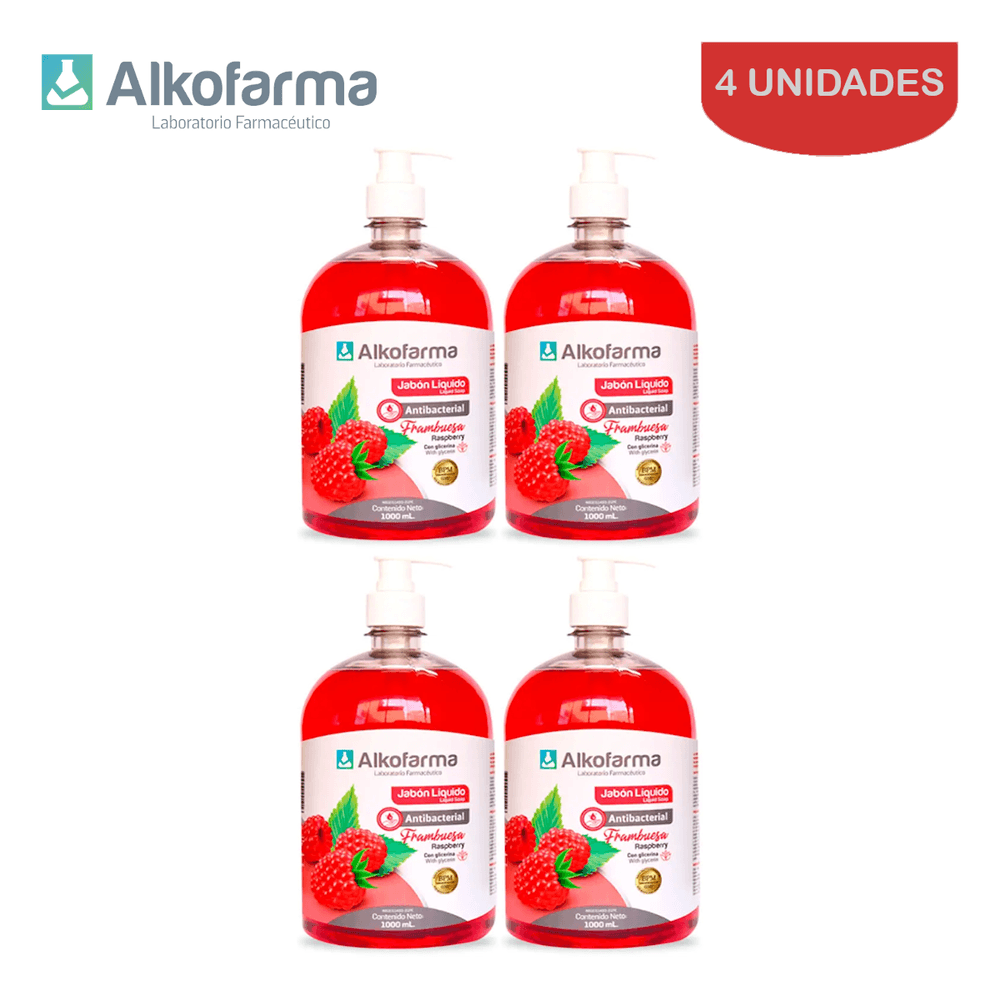 Jabón Líquido Antibacterial Alkofarma Litro Frambuesa Pack 4 Unidades Plazavea Supermercado 4742