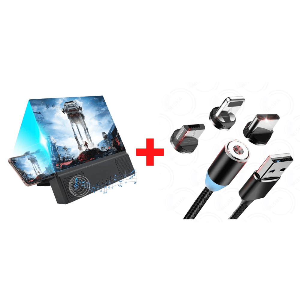Combo Amplificador de Pantalla para Celular de 12"" + Cable Magnético de Metal X Cable 360°