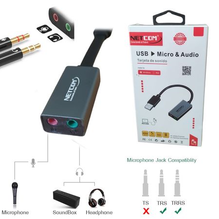 Tarjeta de Sonido Externa USB Micrófono y Audífono Netcom