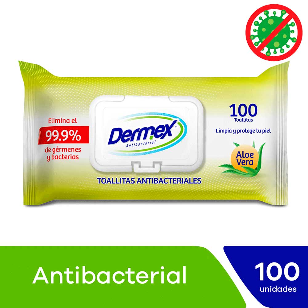 Toallitas Antibacteriales Dermex Aloe Vera - Bolsa 100 UN