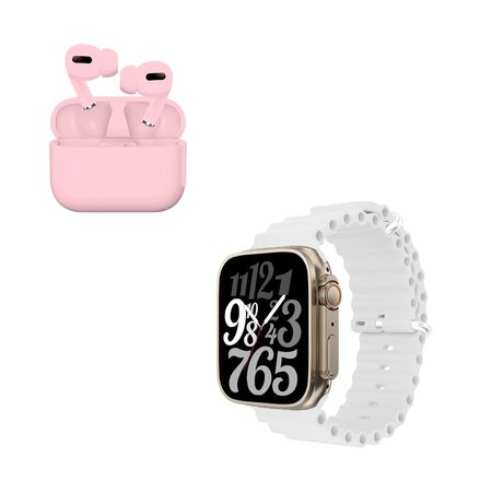 Pack Smartwatch T900 Ultra Blanco y Audifono I13 Pro Rosado