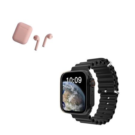 Pack Smartwatch T900 Ultra Negro y Audifono I12 Rosado