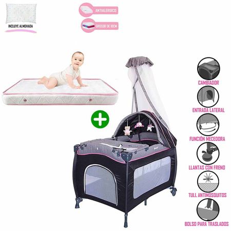 Cuna Corral Mecedora Rosado Ebaby Sally 716 Rs+ Colchón Rosa