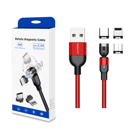 Cable Cargador Magnético 2A Greenport 540 MicroUsb Tipo C Ios Rojo 1M