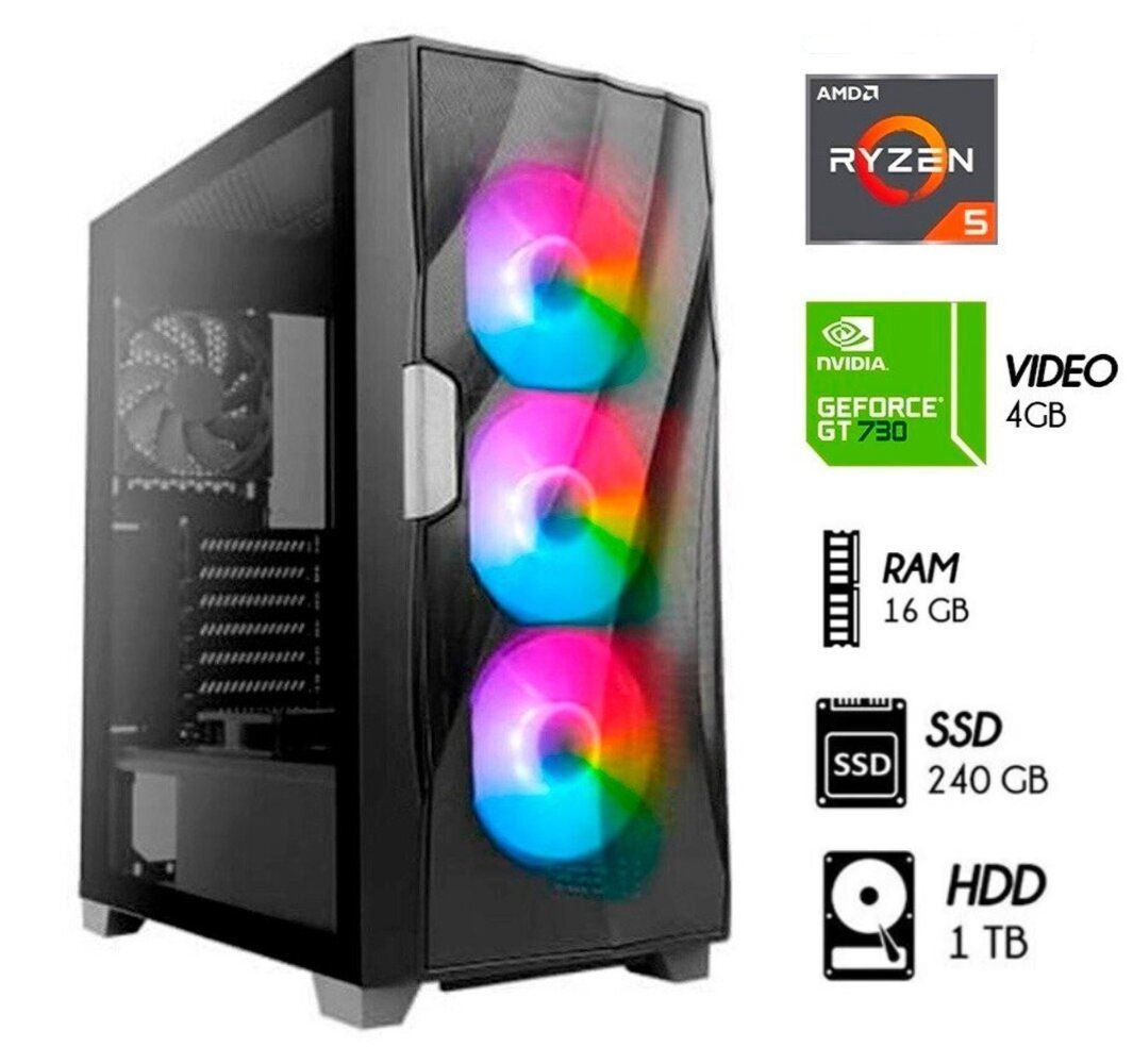 Computadora Pc Gamer RYZEN 5-5TH Video GT 730 4GB Ram 16GB Disco Duro 1TB Disco SSD 240GB Case LED