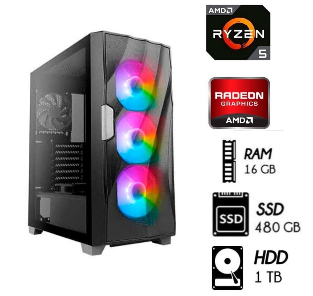 Computadora Pc Ryzen 5-5TH Ram 16GB Disco Duro 1TB Disco SSD 480GB Case 550W Led
