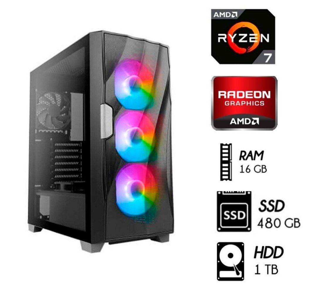 Computadora Pc RYZEN 7-5700G Ram 16GB Disco Duro 1TB, SSD 480GB Case 550W