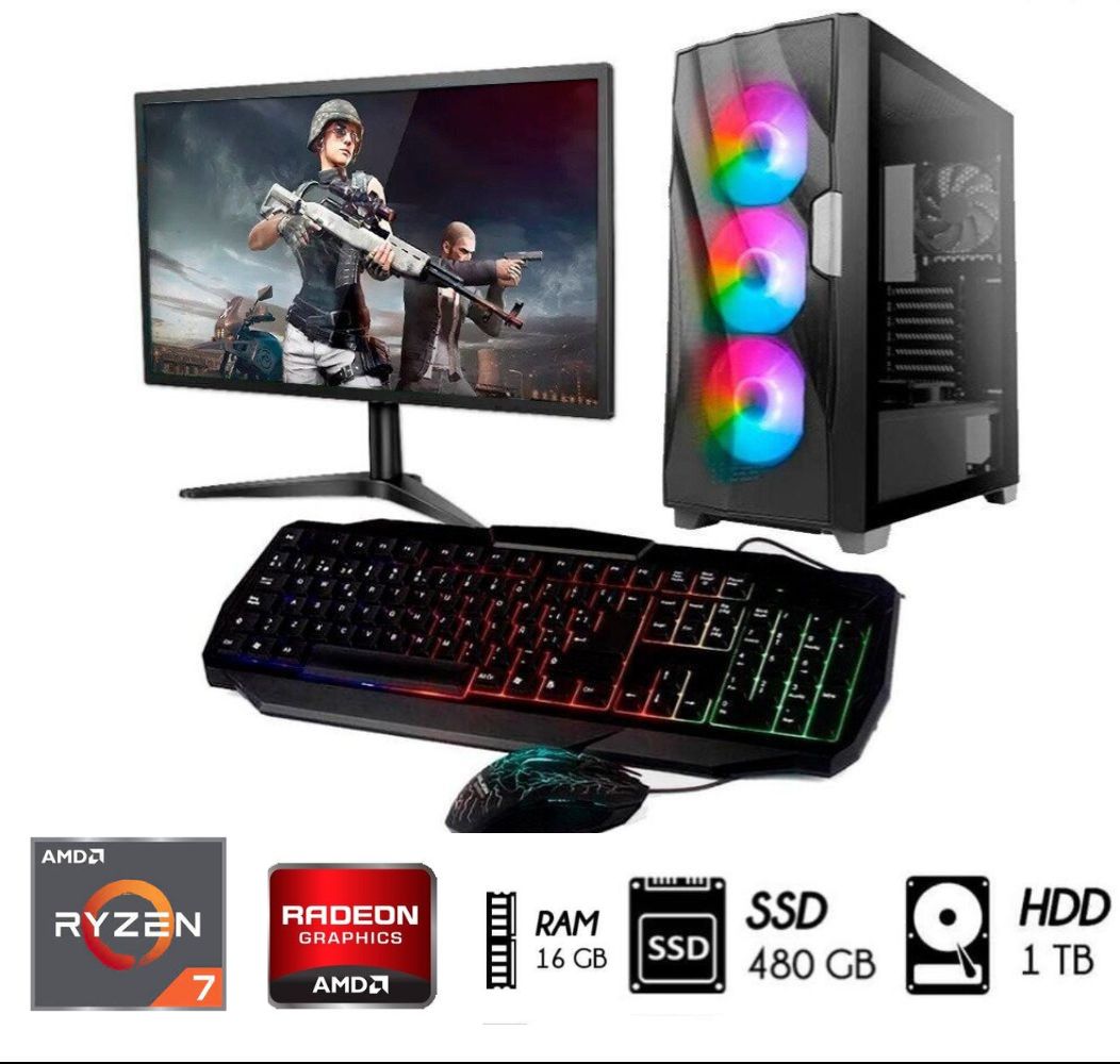 Computadora Pc Ryzen 7-5700G Ram 16GB Disco Duro 1TB SSD 480GB Case 550 RGB Monitor 27""