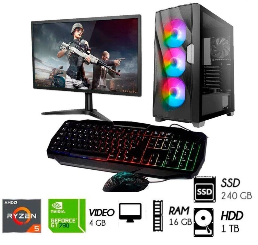Computadora Pc Gamer RYZEN 5-5TH Video GT 730 4GB Ram 16GB Disco Duro 1TB, SSD 240GB Monitor 24