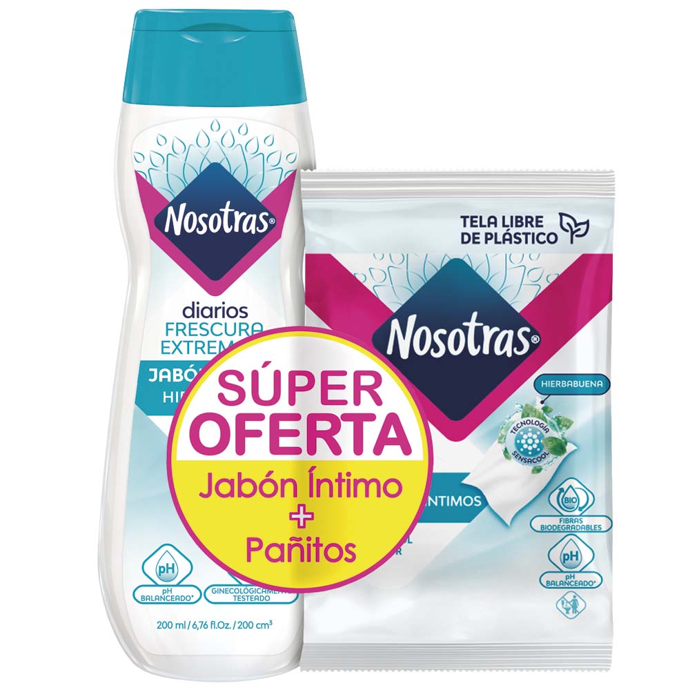 Jabón Íntimo NOSOTRAS Frescura Extrema Frasco 200ml + Pañitos Íntimos ...