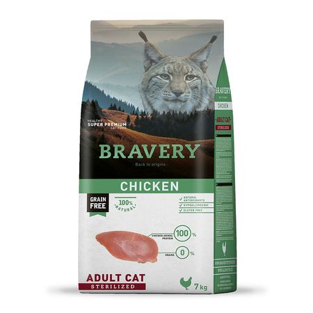 Comida para Gatos Adultos Esterilizados Bravery Libre de Granos Pollo 7kg