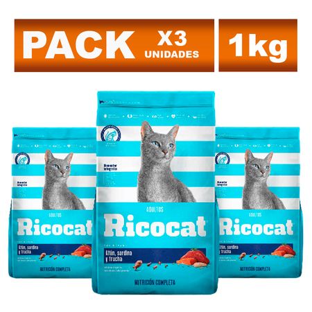 Comida para Gato Ricocat para adulto de Atún, Sardina y Trucha 1kg x3