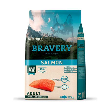 Comida para Perro Adulto Raza Grande Bravery Libre de Grano Salmón 12kg