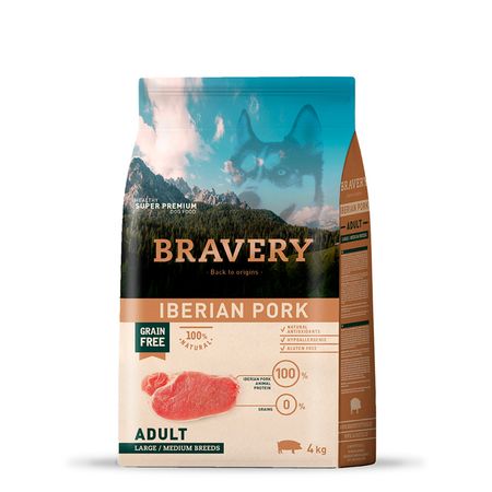 Comida para Perro Adulto Raza Grande Bravery Libre de Grano Cerdo Ibérico 4kg