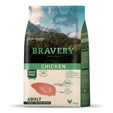 Comida para Perro Adulto Razas Grandes Bravery Libre de Grano Pollo 4kg