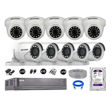 Cámaras Seguridad Hikvision Kit 10 Vigilancia Full Hd 1080P + Disco 1Tb Completo