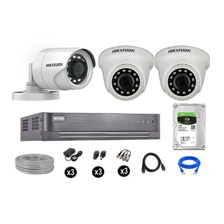 Cámaras Seguridad Hikvision Kit 3 Vigilancia Full Hd 1080P + Disco 1Tb Completo