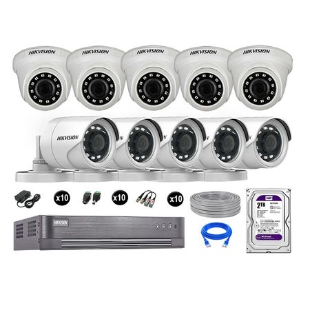 Cámaras Seguridad Hikvision Kit 10 Vigilancia Full Hd 1080P + Disco 2Tb Completo