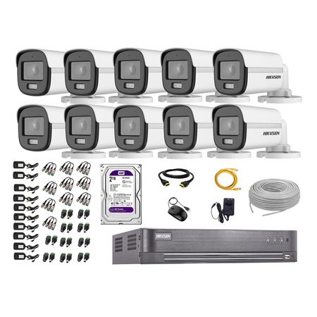 Cámaras Seguridad Exterior Kit 10 Hikvision 5mp + Disco 2tb Colorvu Vision Nocturna a Color