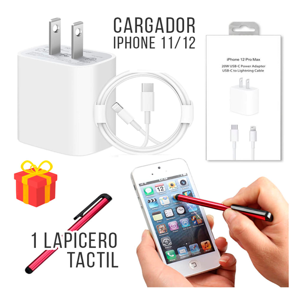 Combo Cargador iPhone 11 12 Pro 20 w + Lapiz Lapicero Touch celular