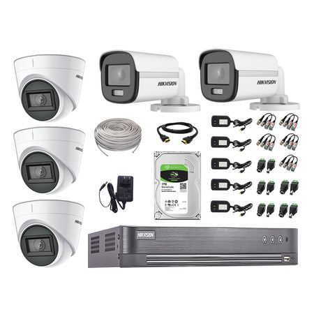 Cámaras Seguridad Kit 5 Hikvision 5mp + Disco 2tb Colorvu Vision Nocturna a Color