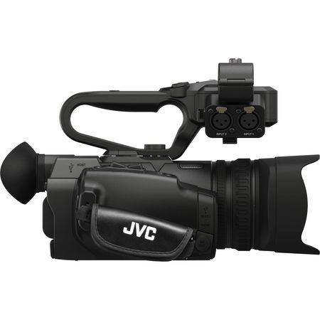 Videocámara de transmisión JVC GY-HM250 UHD 4K con gráficos de tercio inferior integrados JVC GY-HM250 UHD 4K CAMINACIÓN CON CORRIMIENTO CON GRÁFICOS INFERMEDADES DE LOS PERDICIOS BAJOS