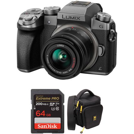 Cámara sin espejo Panasonic Lumix G7 con lente de 14-42 mm y kit de accesorios (plata) Cámara sin espejo Panasonic Lumix G7 con lentes y accesorios de 14-42 mm (plata)