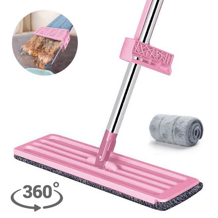 Trapeador Plano 360° con 2 Mopas de Microfibra Absorbente y Escurridor Rosado