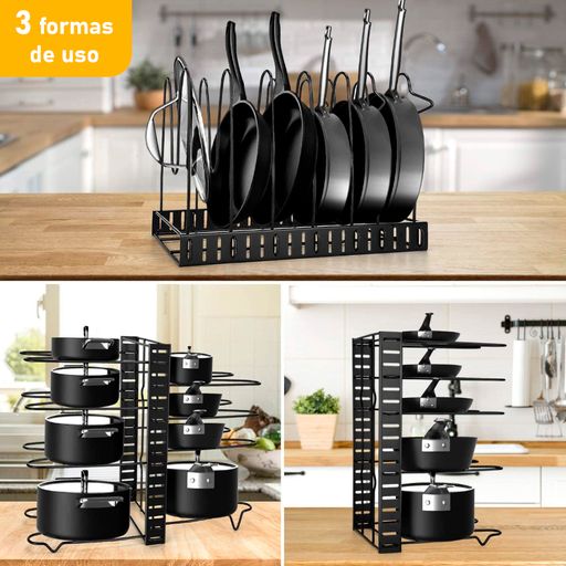 Organizador de platos de 3 piezas para armario de cocina, estante, 2  tamaños para ollas, sartenes, tablas de cortar (negro)