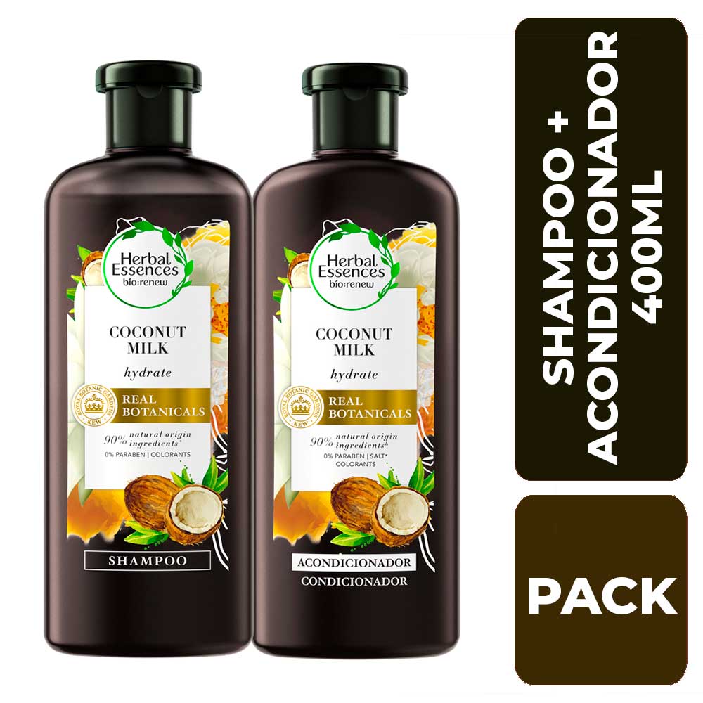 Pack HERBAL ESSENCES Shampoo Leche de Coco Frasco 400ml + Acondicionador Leche de Coco Frasco 400ml