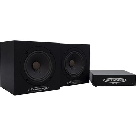 Auratone 5C Super Sound Cubes y paquete A2-30 Amp (acabado laminado negro, 2 altavoces, 1 amperio)