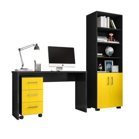 Combo Escritorio + Estante + Archivador Gerda Negro & Amarillo DIBA Muebles