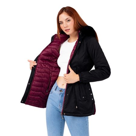 Parka Reversible Mujer by Indra Color Negro con Vino  Talla L