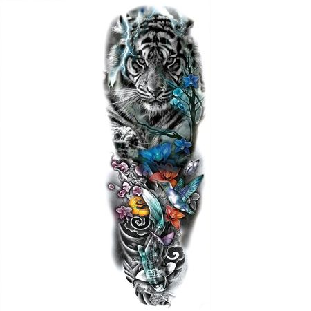 Tatuaje Manga Temporal Falso Tigre Flores 48x17cm