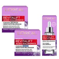 Pack L'OREÁL Crema Día Facial con Ácido Hialurónico Frasco 50ml + Crema Noche Frasco 50ml + Serum L'OREAL Revitalift Frasco 30ml