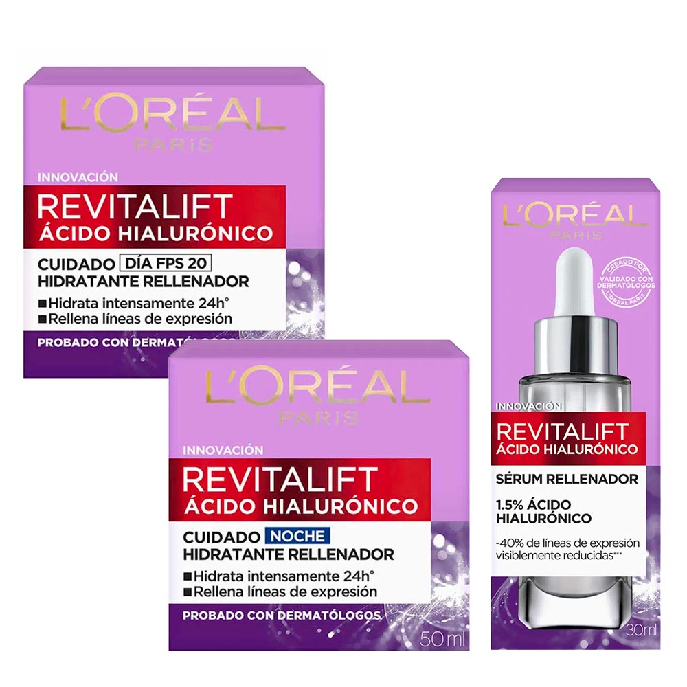 Pack L'OREÁL Crema Día Facial con Ácido Hialurónico Frasco 50ml + Crema Noche Frasco 50ml + Serum L'OREAL Revitalift Frasco 30ml