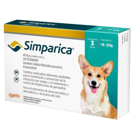 Antipulgas para Perros Simparica 40 mg X 3 Tabletas 10 a 20 KG