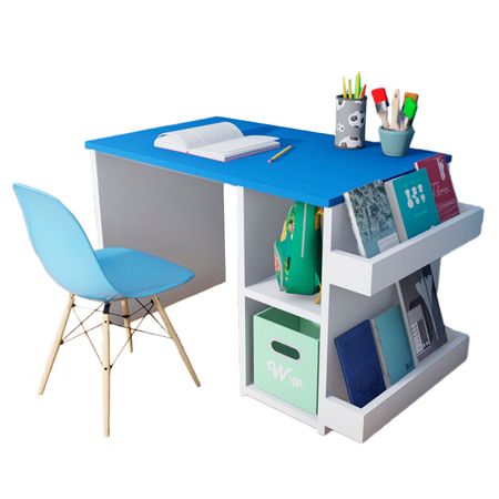 Escritorio Montessori + Silla Wonder Wood Muebleria con 2 compartimientos y 2 portacuentos Azul