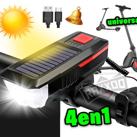 Luz para Scooter Electrico Foco Solar 4 en 1 + Timbre Bocina Cable USB