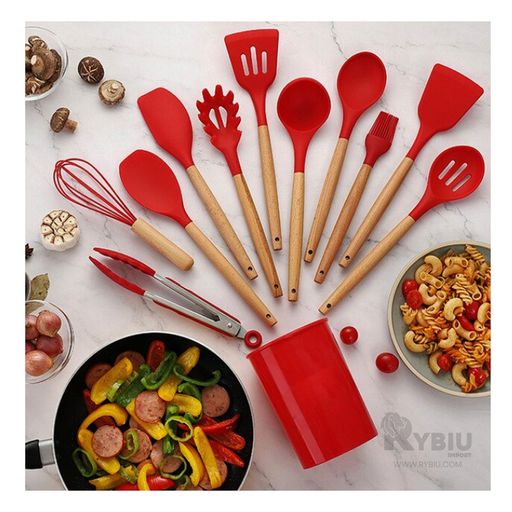 Juego Utensilios De Cocina De Silicona 12 Pzs Color Rojo