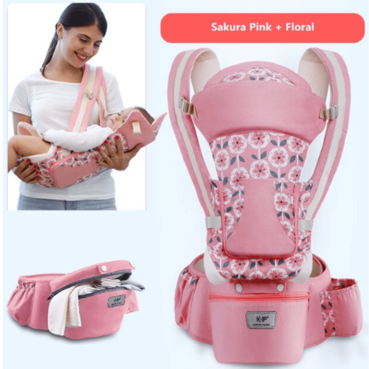 Canguro Ergonómico Rosado Floreado para Bebe de 15 Posiciones con Guardador en el Asiento