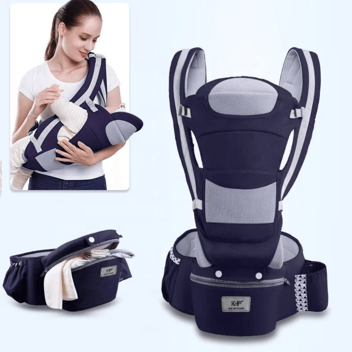 Canguro Ergonómico Azul para Bebe de 15 Posiciones con Guardador en el Asiento