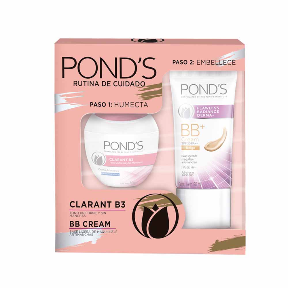 Estuche POND'S Crema Aclaradora Clarant B3 Pote 50g + Base de Maquillaje BB Cream Pote 25ml Caja crema aclaradora pond's precio