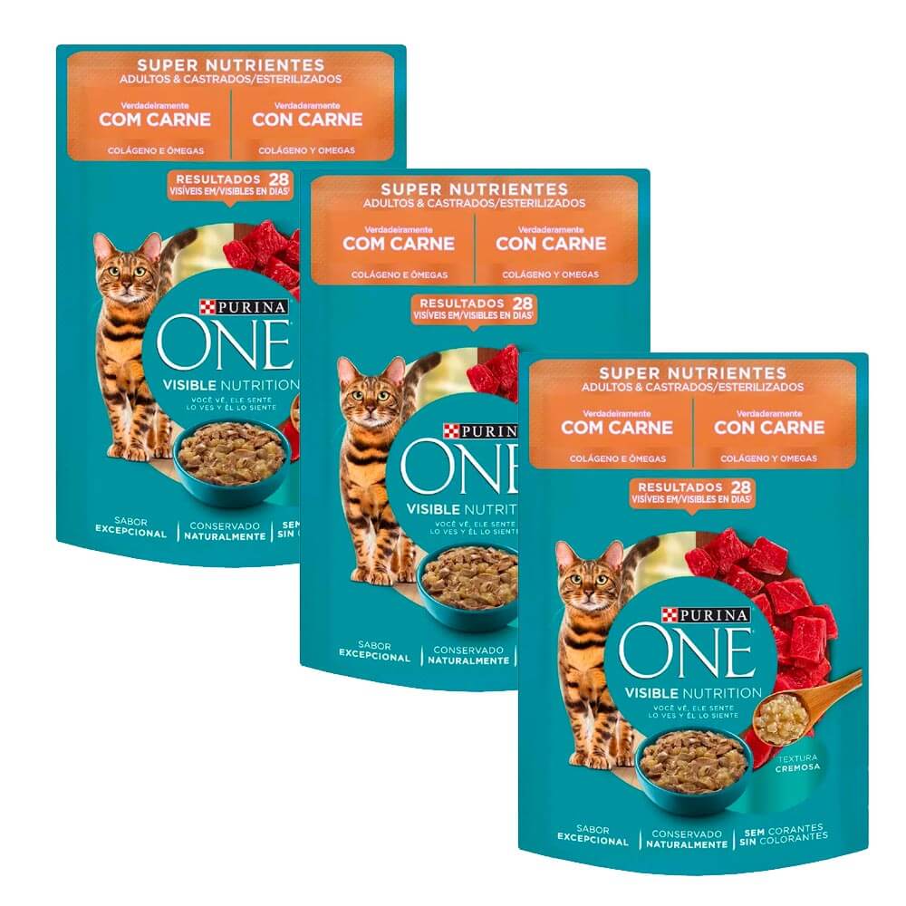 Pack Comida para Gatos PURINA ONE Super Nutrientes Carne Adultos y Esterilizados x3un
