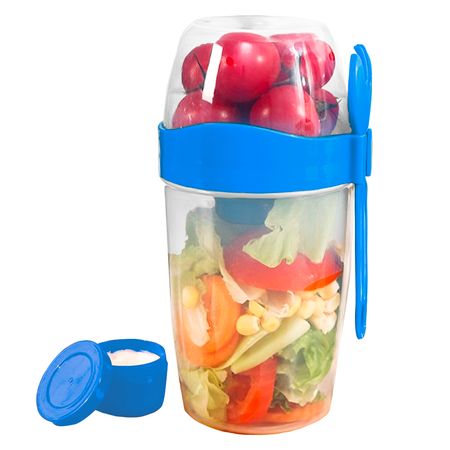 Vaso Mezclador Porta Ensaladas Frutas Cereales Yogurt con Tenedor RE1 Azul