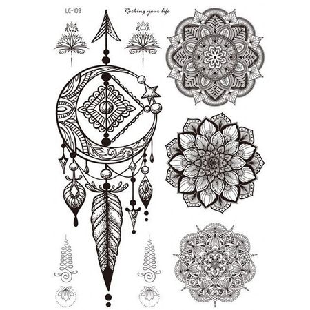 Tatuaje Temporal Falso Atrapasueños Mandala Flores de Loto 21 x 15cm