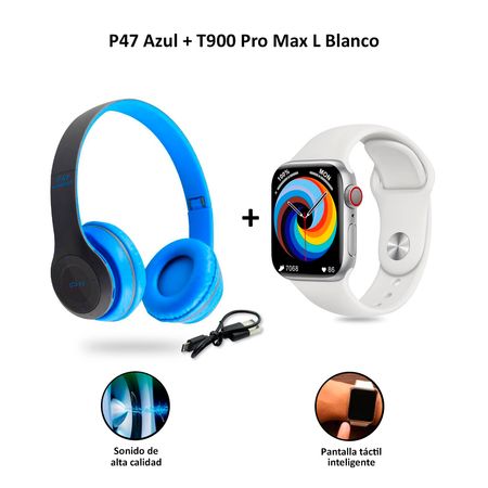 Audífonos Inalámbricos Bluetooth P47 Azul + Smartwatch Serie 8 T900 Pro Max L Blanco