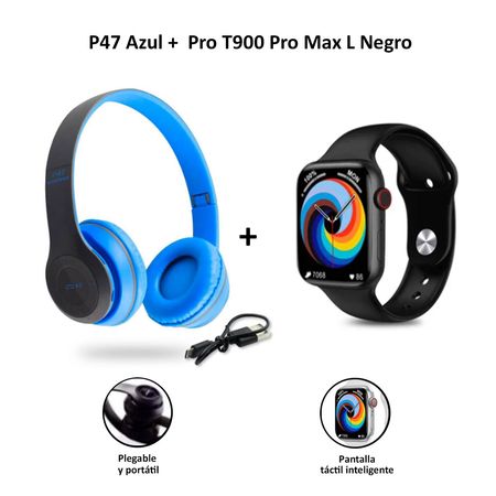 Audífonos Inalámbricos Bluetooth P47 Azul + Smartwatch Serie 8 T900 Pro Max L Negro